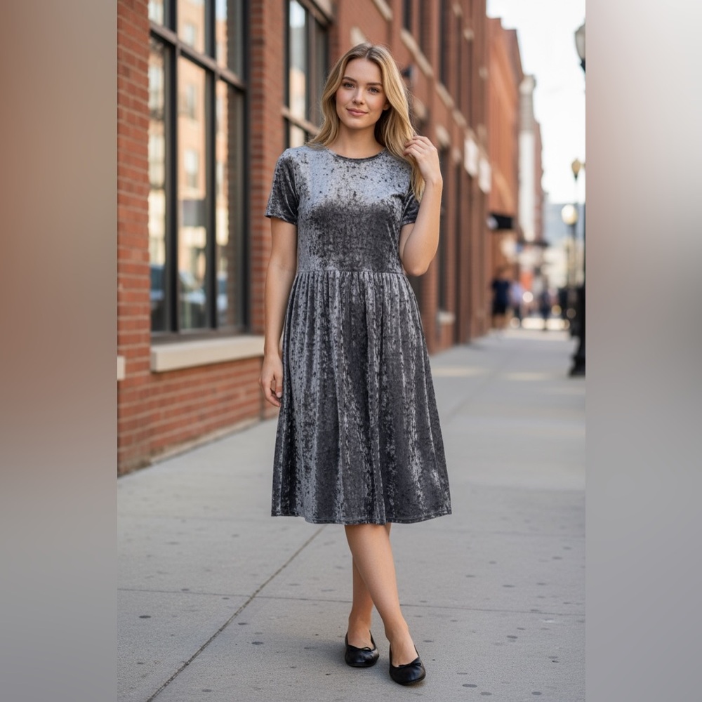 Velour Holiday Party Stretchy Midi Fit Flare‎ Peasant Dress S Gray Silver Sleeve